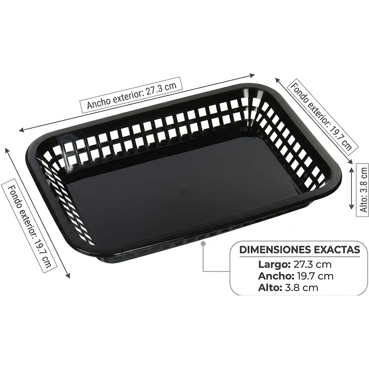 Set de 12 Canasta Rectangular Plástico Negro – Grande Comida Rápida Restaurante Bar Café  1