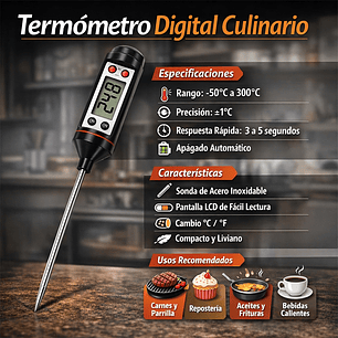 Termómetro Digital para Alimentos – Sonda 10 cm, Lectura en Segundos, Incluye Batería