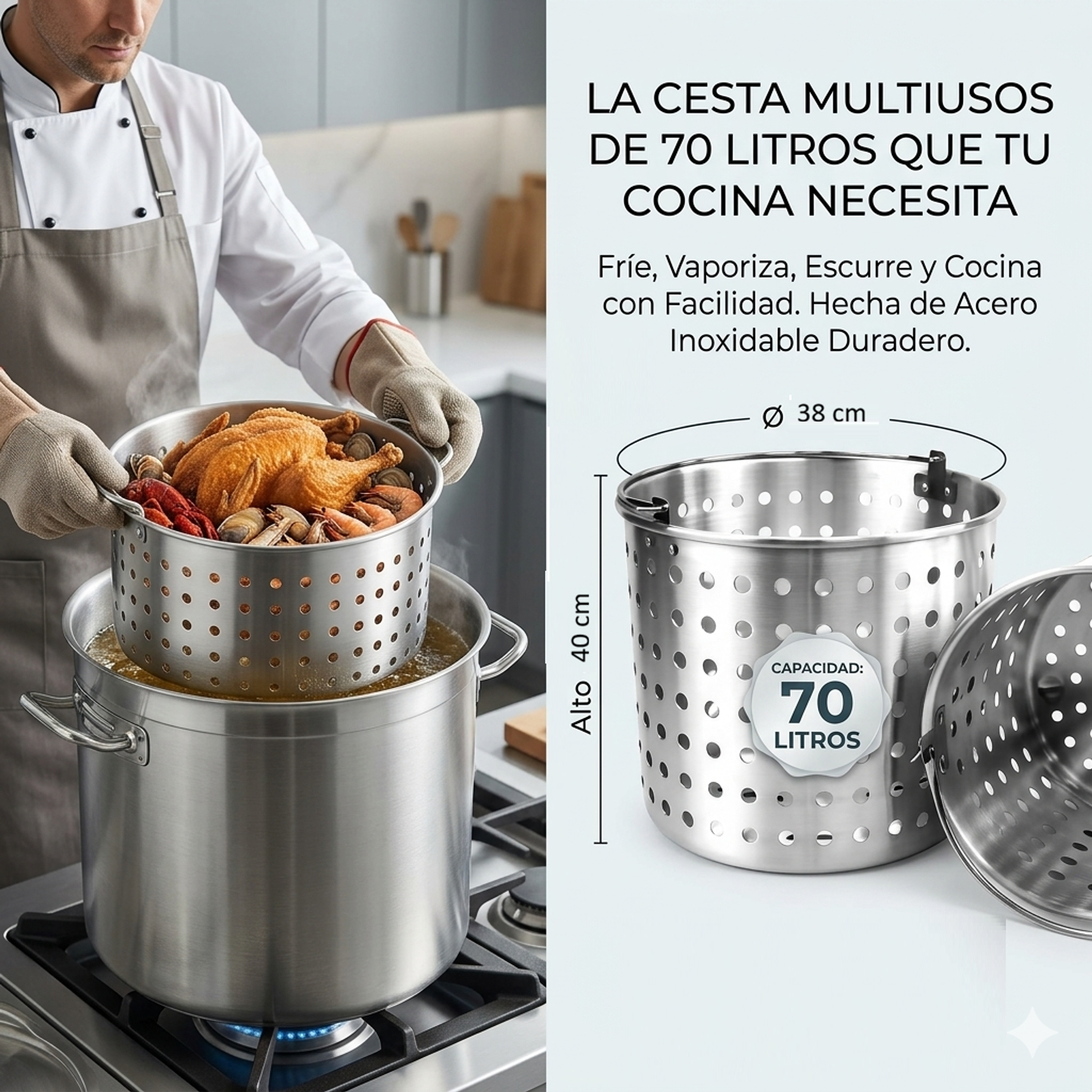 Cesta Escurridora de Acero Inoxidable de 70 Litros Multiuso Vapor Freir Escurrir 2