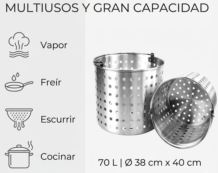 Cesta Escurridora de Acero Inoxidable de 70 Litros Multiuso Vapor Freir Escurrir 1