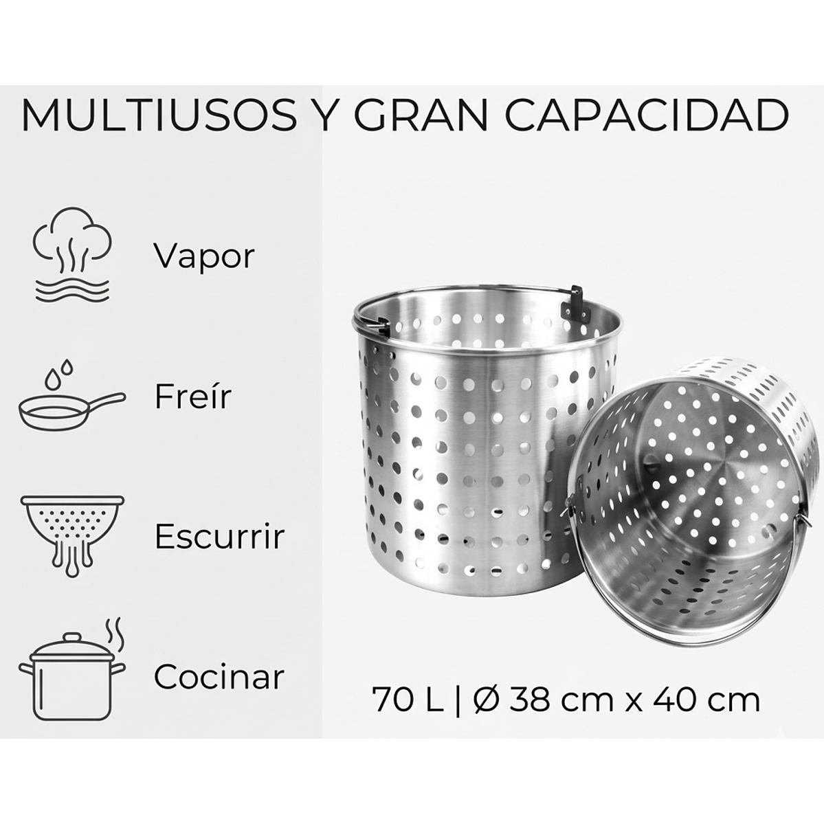 Cesta Escurridora de Acero Inoxidable de 70 Litros Multiuso Vapor Freir Escurrir 1