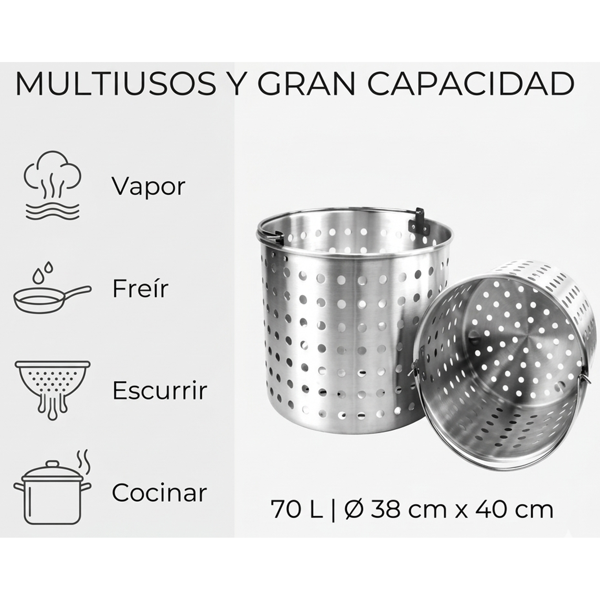 Cesta Escurridora de Acero Inoxidable de 70 Litros Multiuso Vapor Freir Escurrir 1