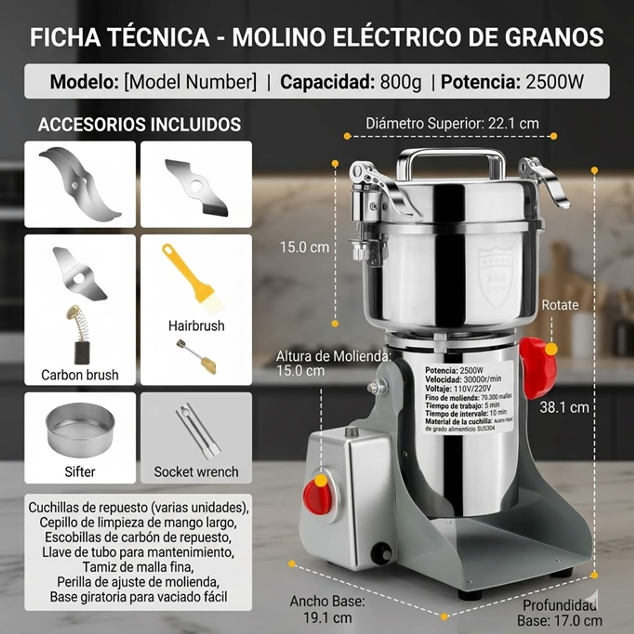 Molino De Grano Alta Velocidad Eléctrico De Acero Inoxidable 2500 W 800 Gr 110V 1