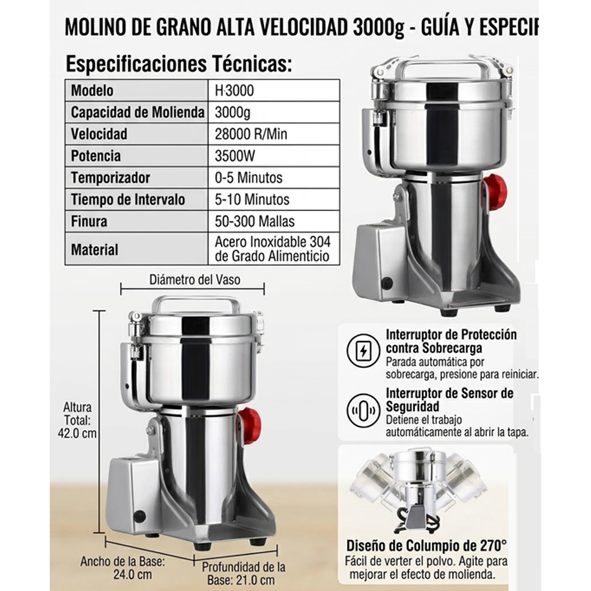 Molino De Grano Alta Velocidad Eléctrico De Acero Inoxidable 3000 gr /3 kg / 6,6 lb x Ciclo- 110V 1