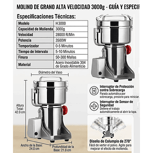 Molino De Grano Alta Velocidad Eléctrico De Acero Inoxidable 3000g (5.5 lbs) 110V