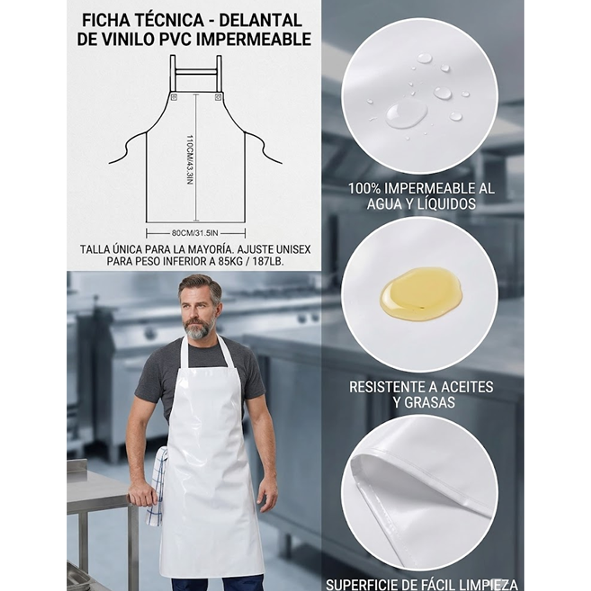Delantal Impermeable Blanco Fabricado En Vinilo PVC/Polietileno 1