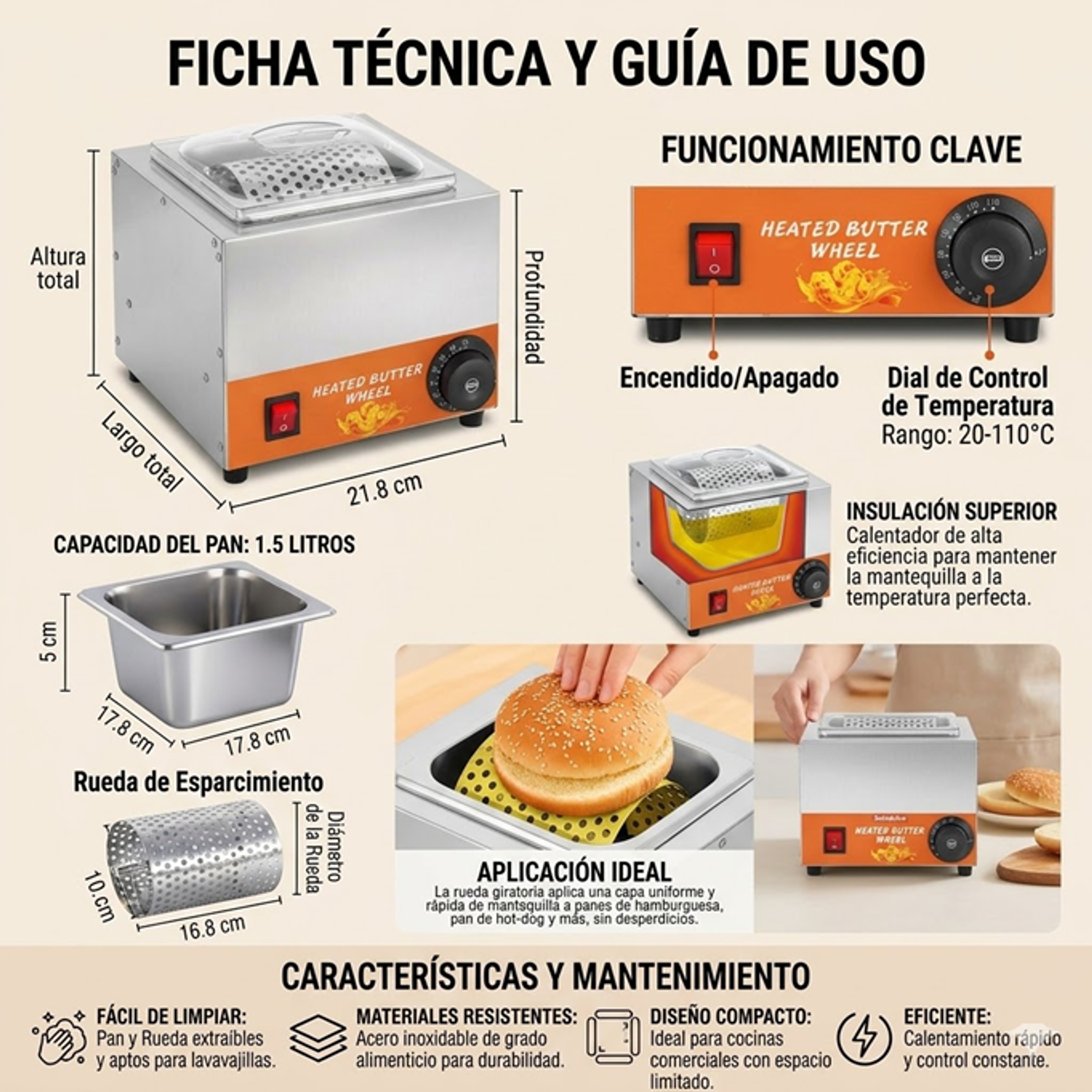 Mantequillero Esparcidor De Mantequilla En Acero Inoxidable Con Rodillo Calentador 1