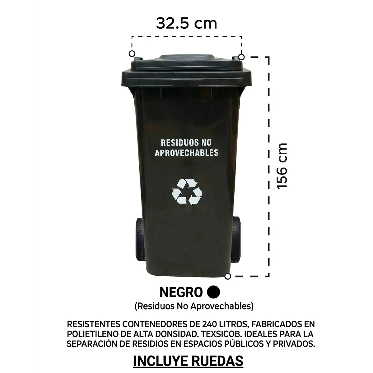 Contenedor De Residuos No Aprovechables De 240 Litros, Polietileno Con Tapa Y Ruedas 1