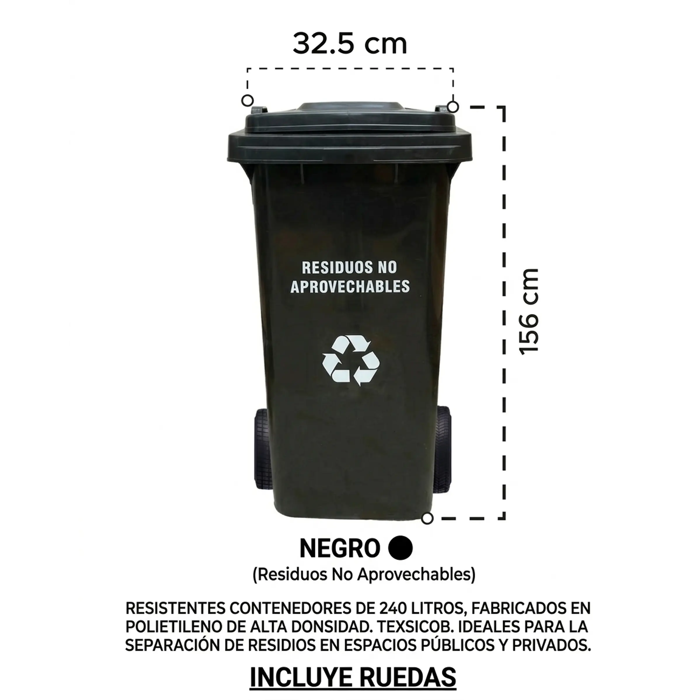 Contenedor De Residuos No Aprovechables De 240 Litros, Polietileno Con Tapa Y Ruedas 1