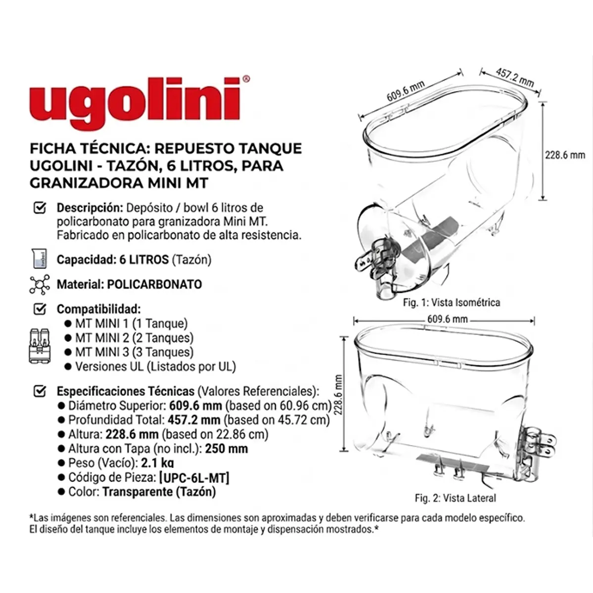 Repuesto De Tanque/Bowl Para Granizadora Ugolini Mini MT (6 Litros) 1