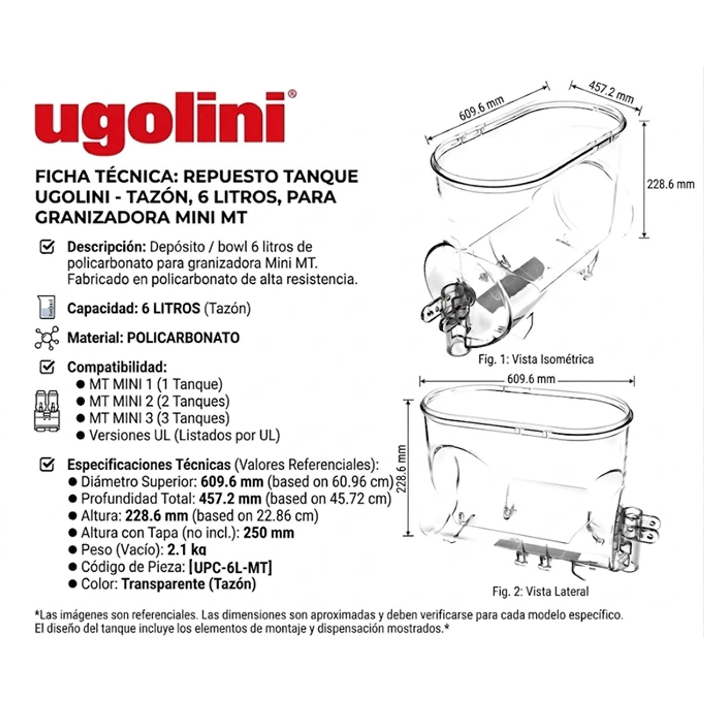 Repuesto De Tanque/Bowl Para Granizadora Ugolini Mini MT (6 Litros) 1