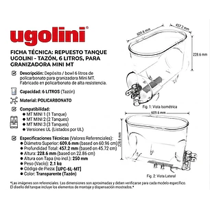 Repuesto De Tanque/Bowl Para Granizadora Ugolini Mini MT (6 Litros)