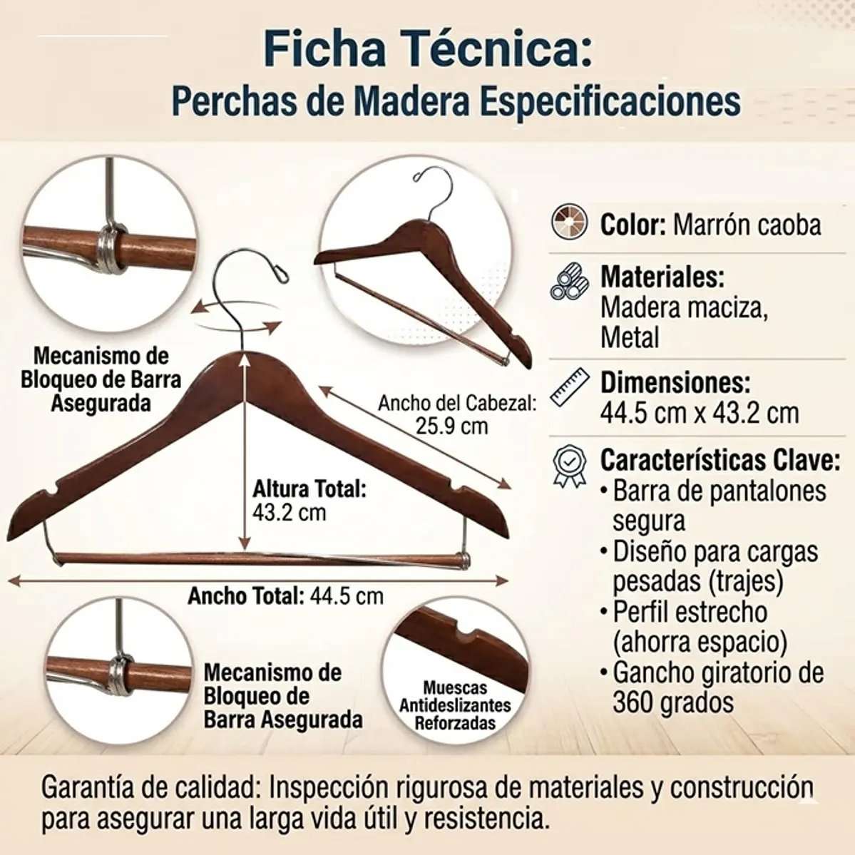 Juego de 10 Ganchos de Madera Maciza con Barra para Pantalones – Marrón Caoba 1