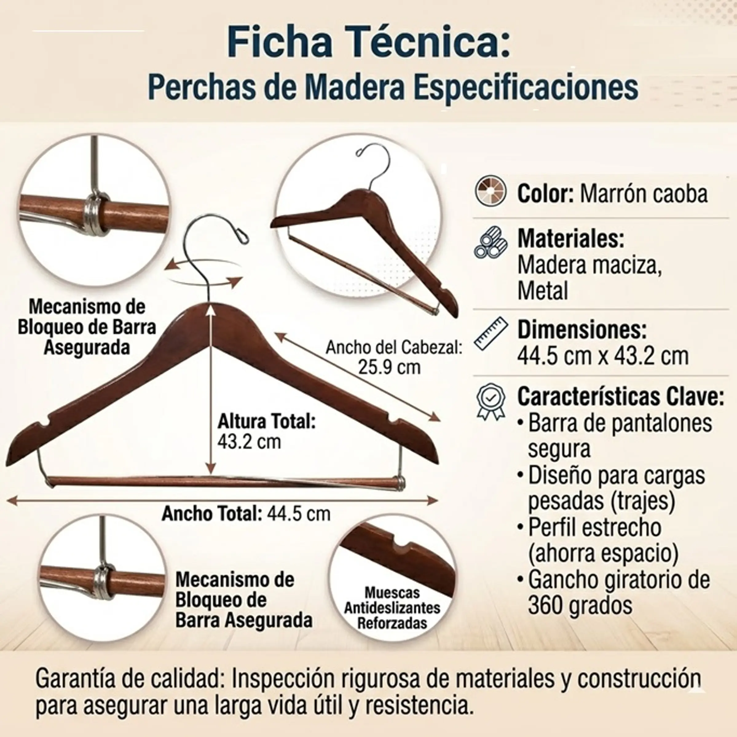 Juego de 10 Ganchos de Madera Maciza con Barra para Pantalones – Marrón Caoba 1