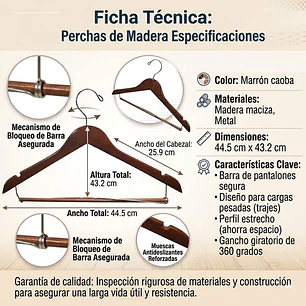 Juego de 10 Ganchos de Madera Maciza con Barra para Pantalones – Marrón Caoba