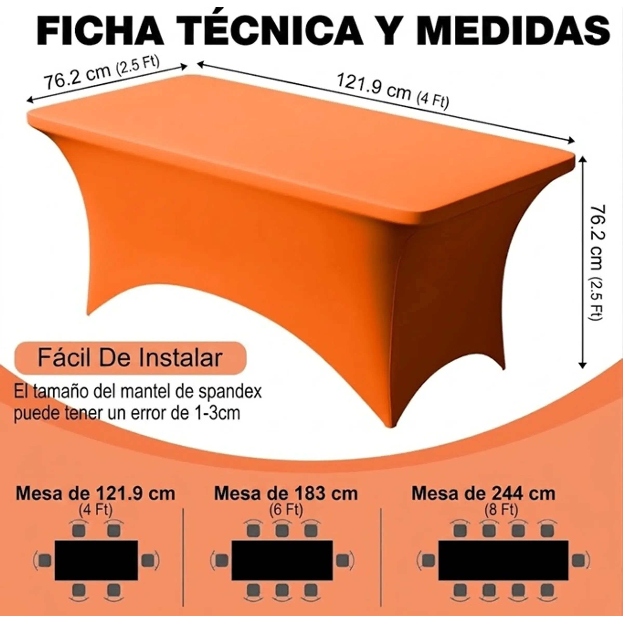 Mantel Elástico Espandex Rectangular para Fiestas, Banquetes y Bodas – 120 × 76 × 76 cm 1