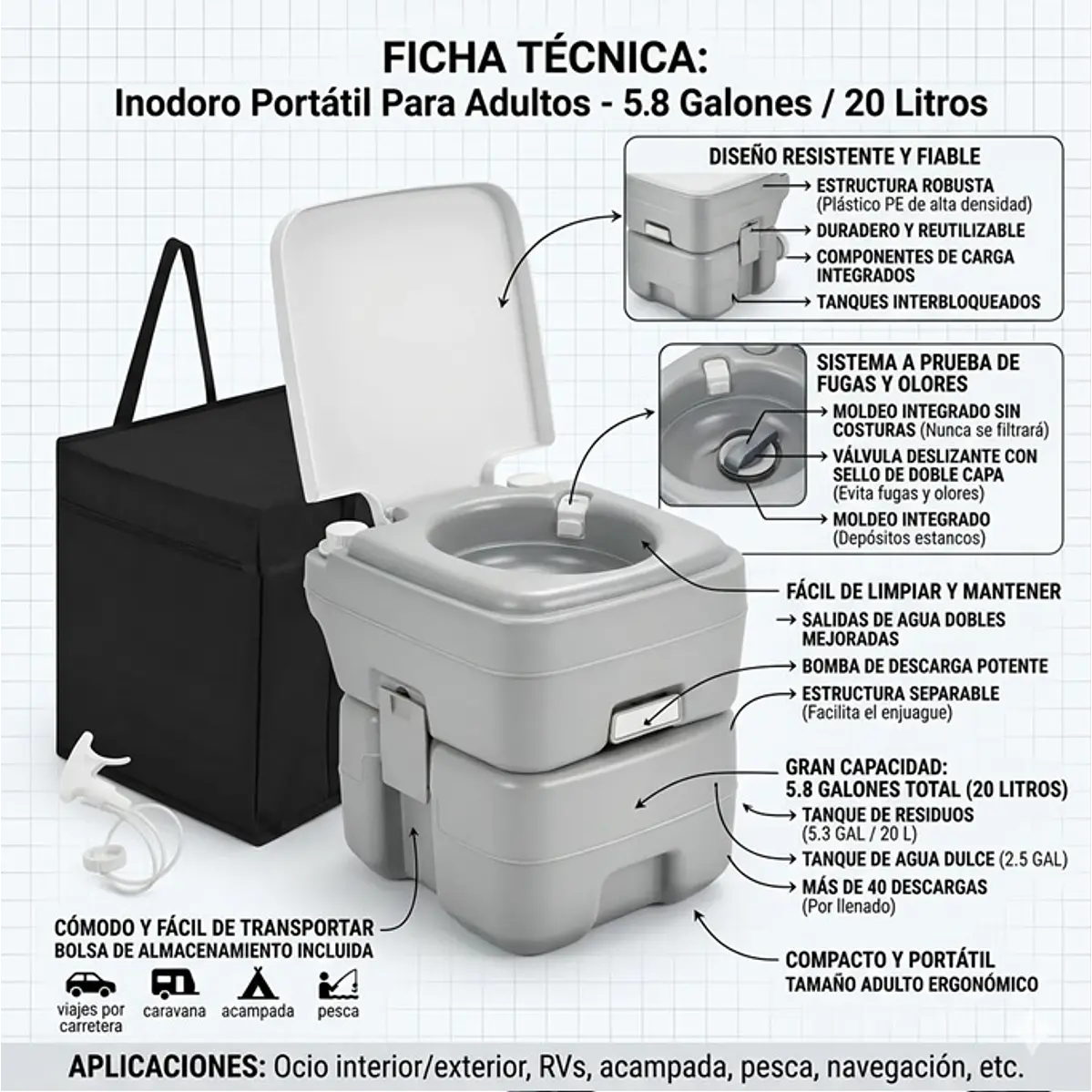 Inodoro Portátil Para Adultos Camping Viajes De 5.8 Galones 6