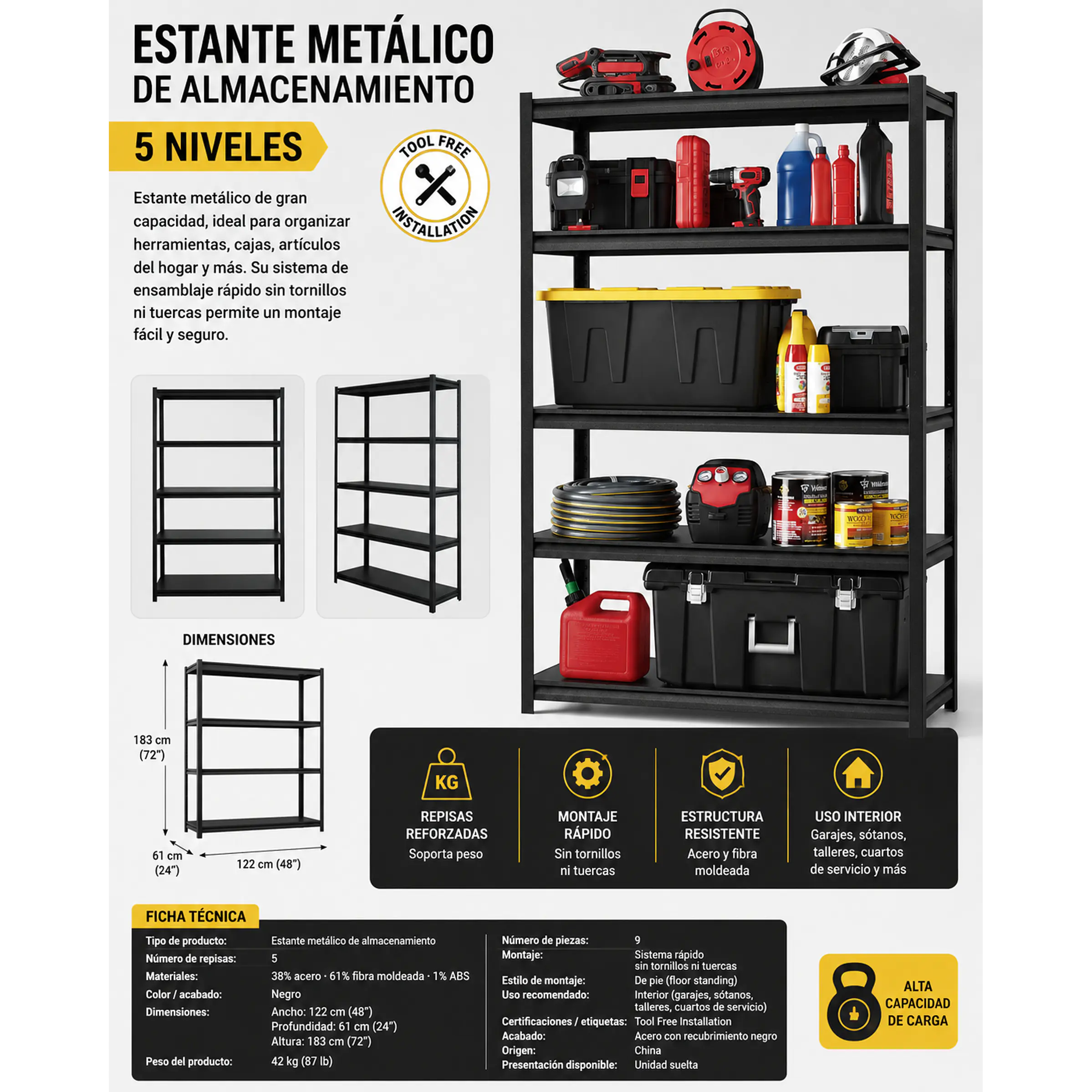 Estantería de 5 Niveles Metálico Resistente para Almacenamiento  1