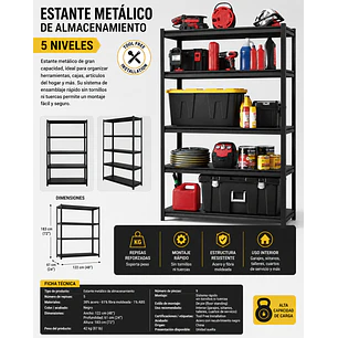 Estantería de 5 Niveles Metálico Resistente para Almacenamiento 