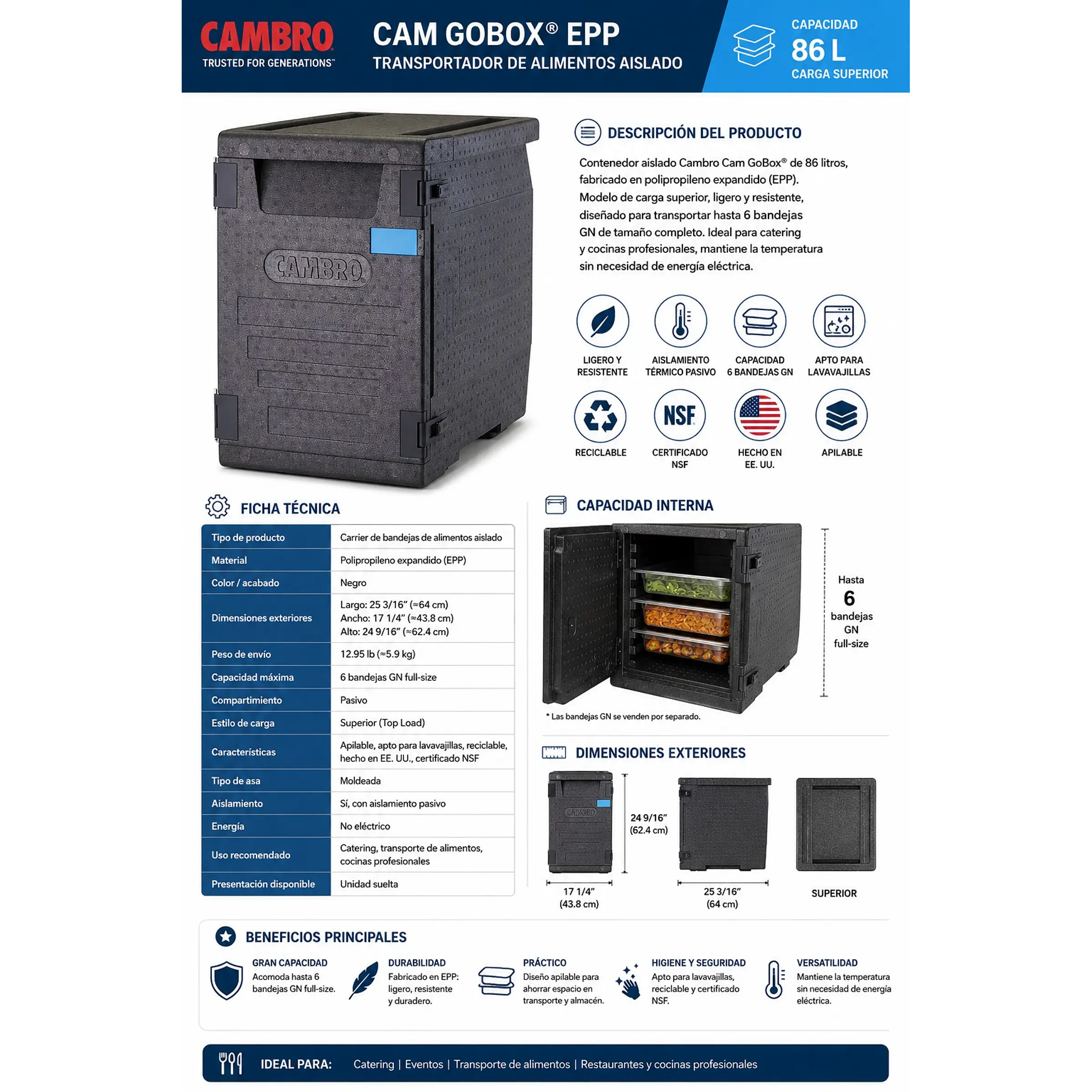 TRANSPORTADOR CONTENEDOR DE ALIMENTOS CAMBRO CAM GOBOX® CAPACIDAD 86 LT 1