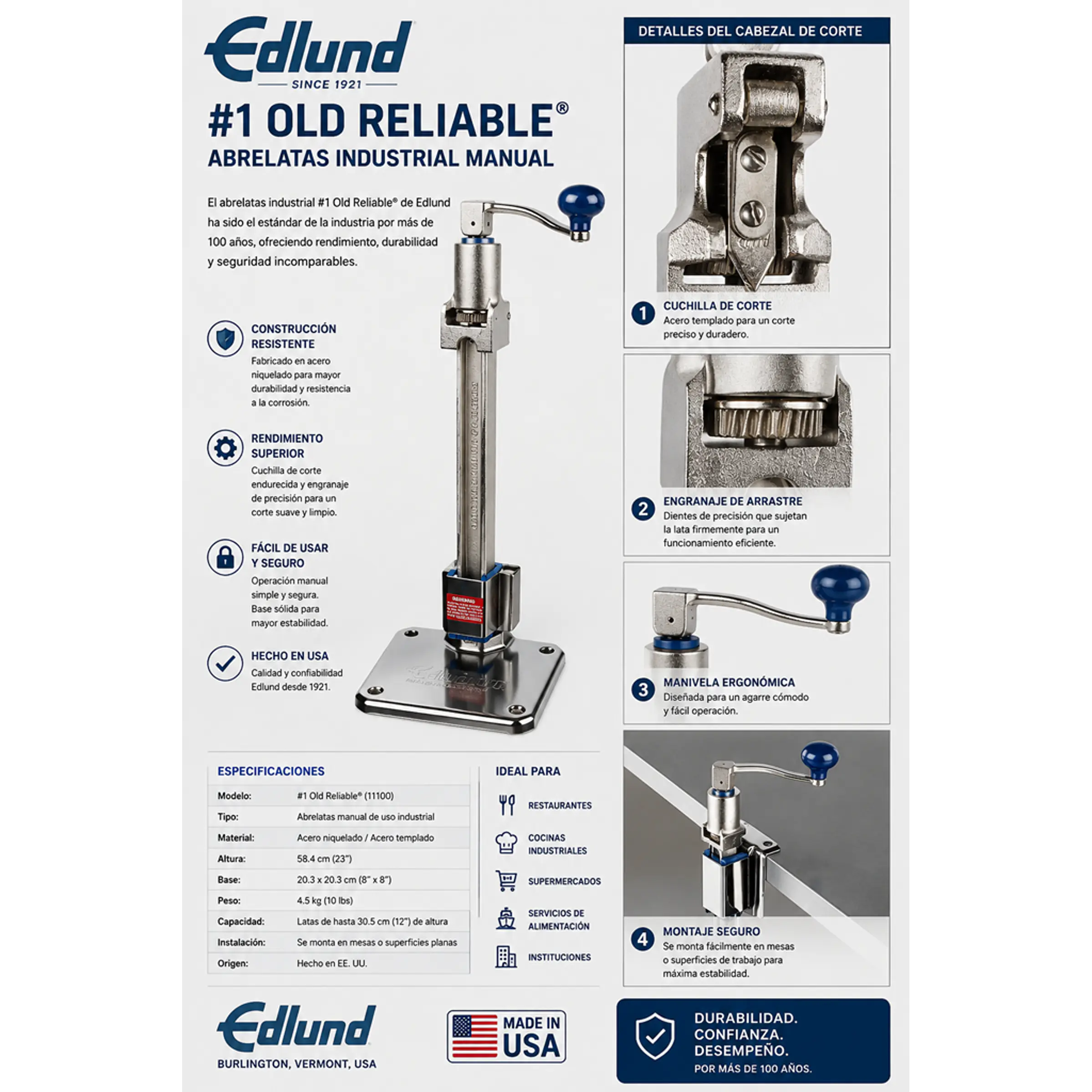 Abrelatas industrial manual tipo pesado, con base de acero inoxidable Hecho en USA 3
