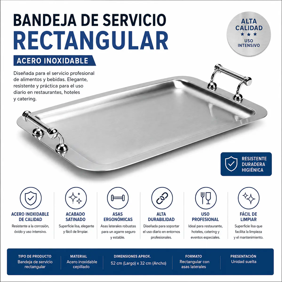 Set x 3 Bandejas rectangular de servicio acero inoxidable con asas 52 × 32 cm 1