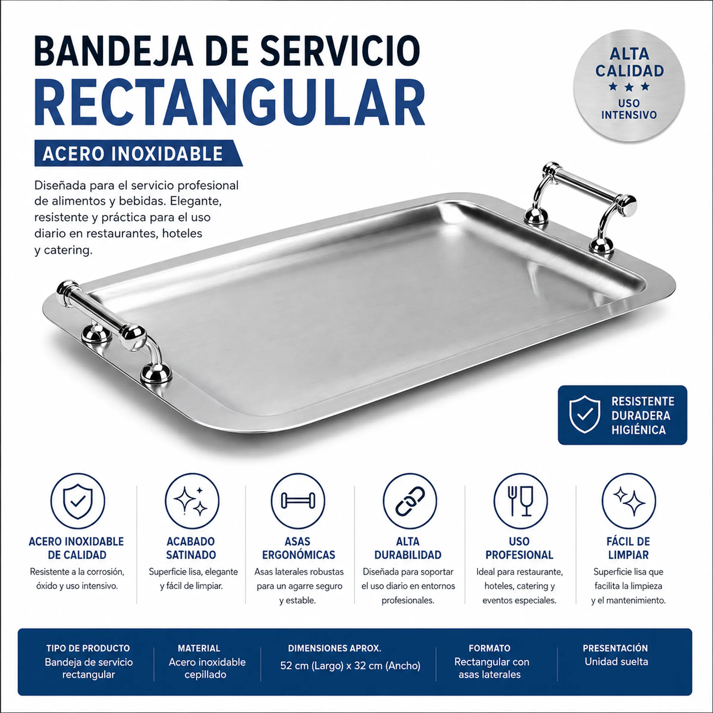Set x 3 Bandejas rectangular de servicio acero inoxidable con asas 52 × 32 cm 1