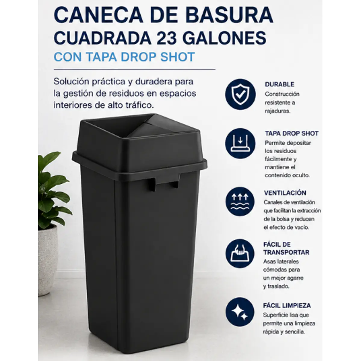 Caneca de basura cuadrada con tapa de 23 galones (≈87 litros) 1