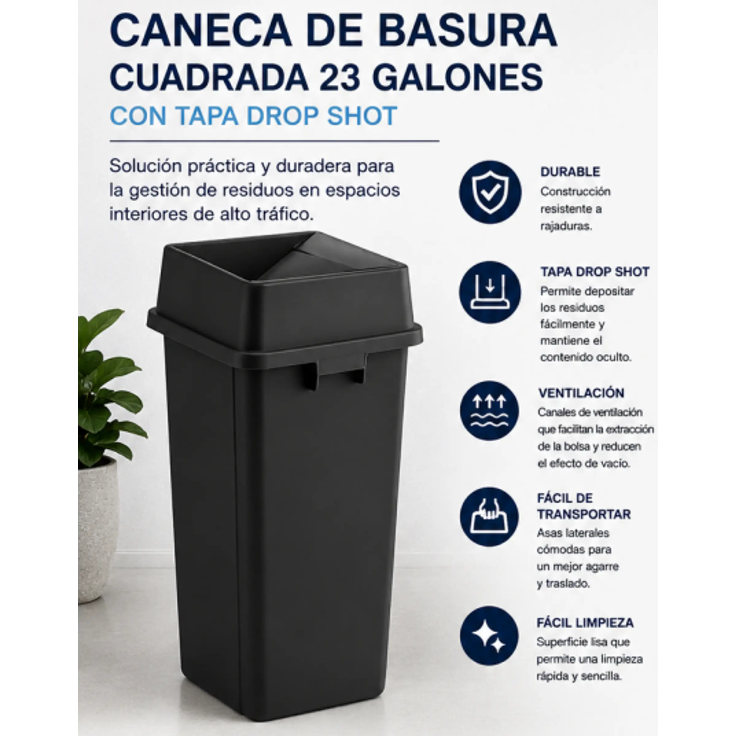 Caneca de basura cuadrada con tapa de 23 galones (≈87 litros) 1