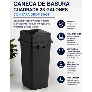 Caneca de basura cuadrada con tapa de 23 galones (≈87 litros)