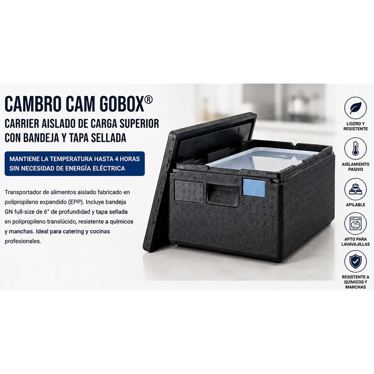 Contenedor Cambro Isotérmico de carga superior con bandeja GN y tapa sellada 20.6 Qt (≈19.5 litros) 1
