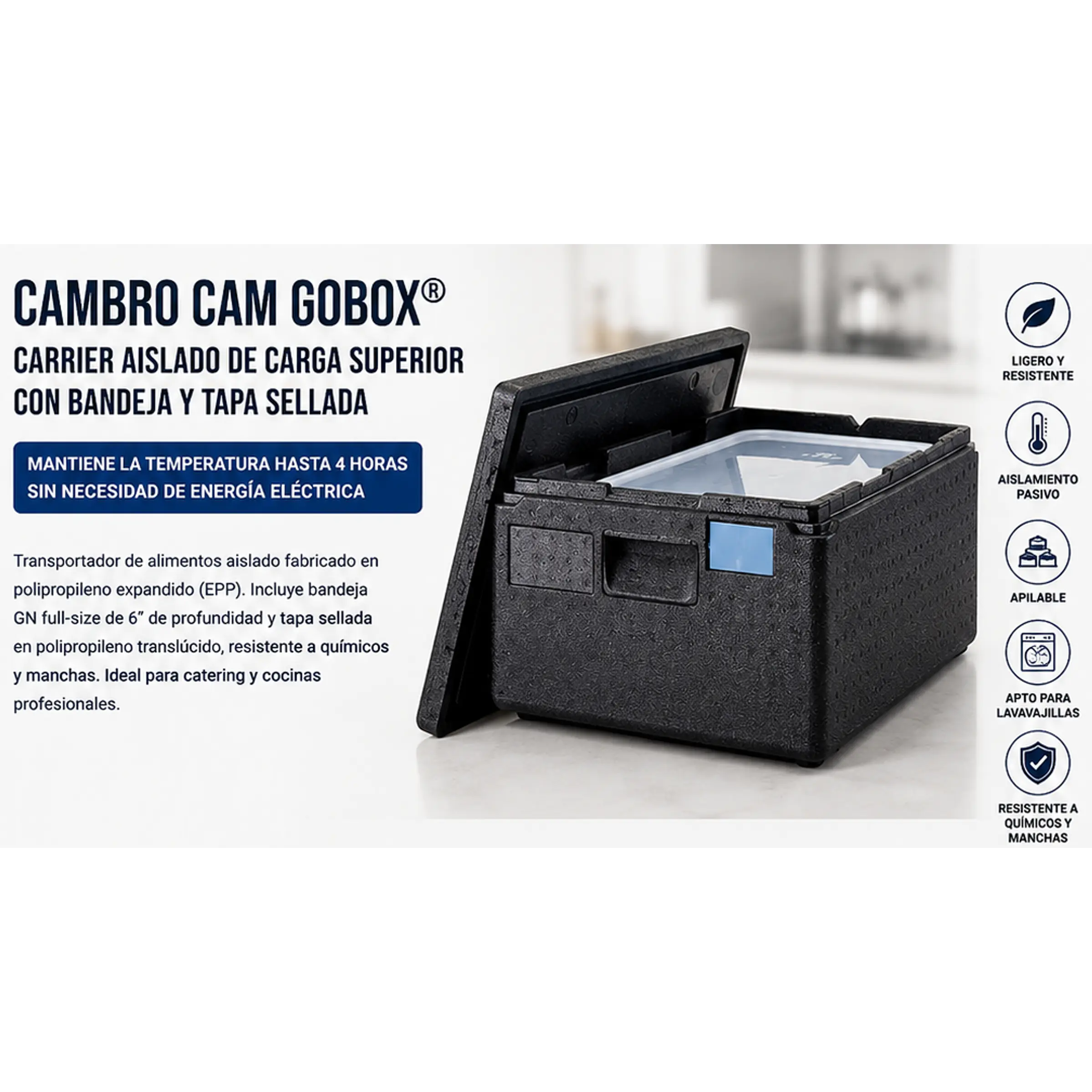 Contenedor Cambro Isotérmico de carga superior con bandeja GN y tapa sellada 20.6 Qt (≈19.5 litros) 1