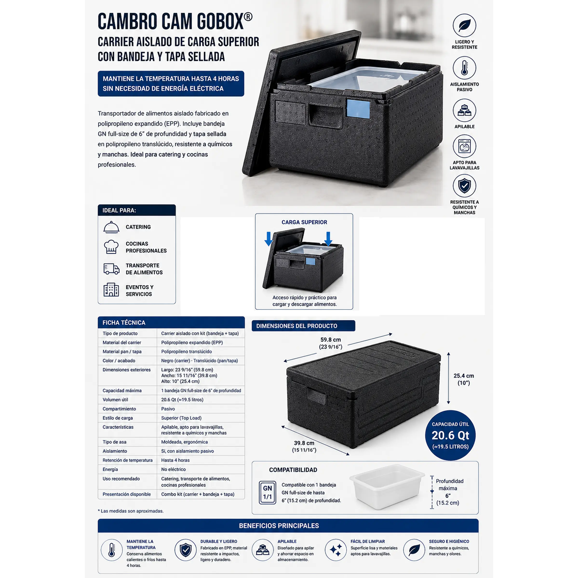 Contenedor Cambro Isotérmico de carga superior con bandeja GN y tapa sellada 20.6 Qt (≈19.5 litros) 2