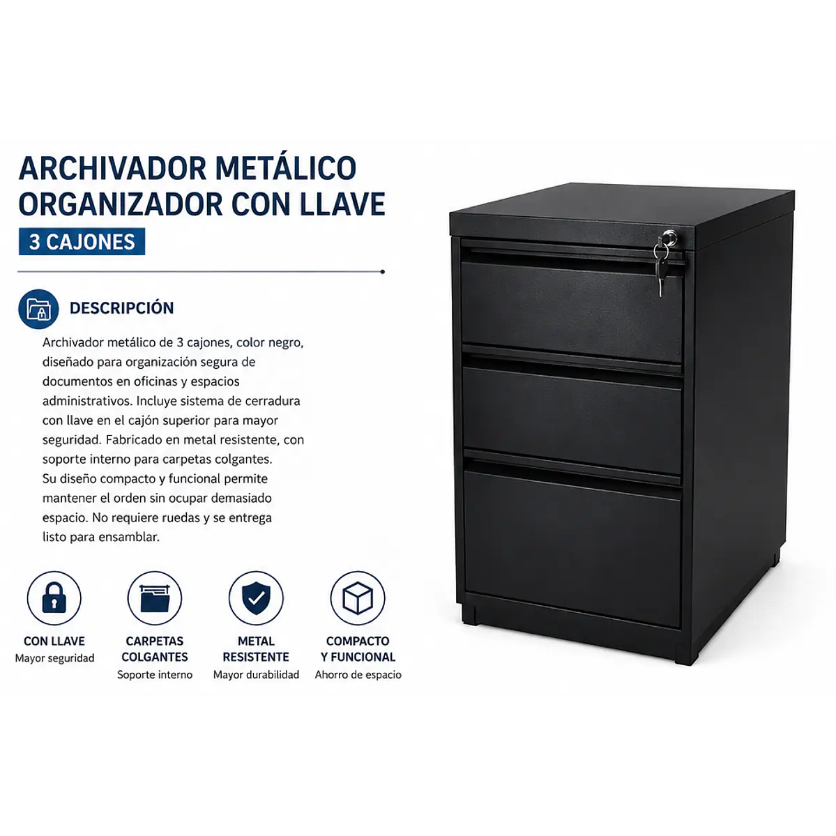 Archivador metálico organizador con llave – 3 cajones 1