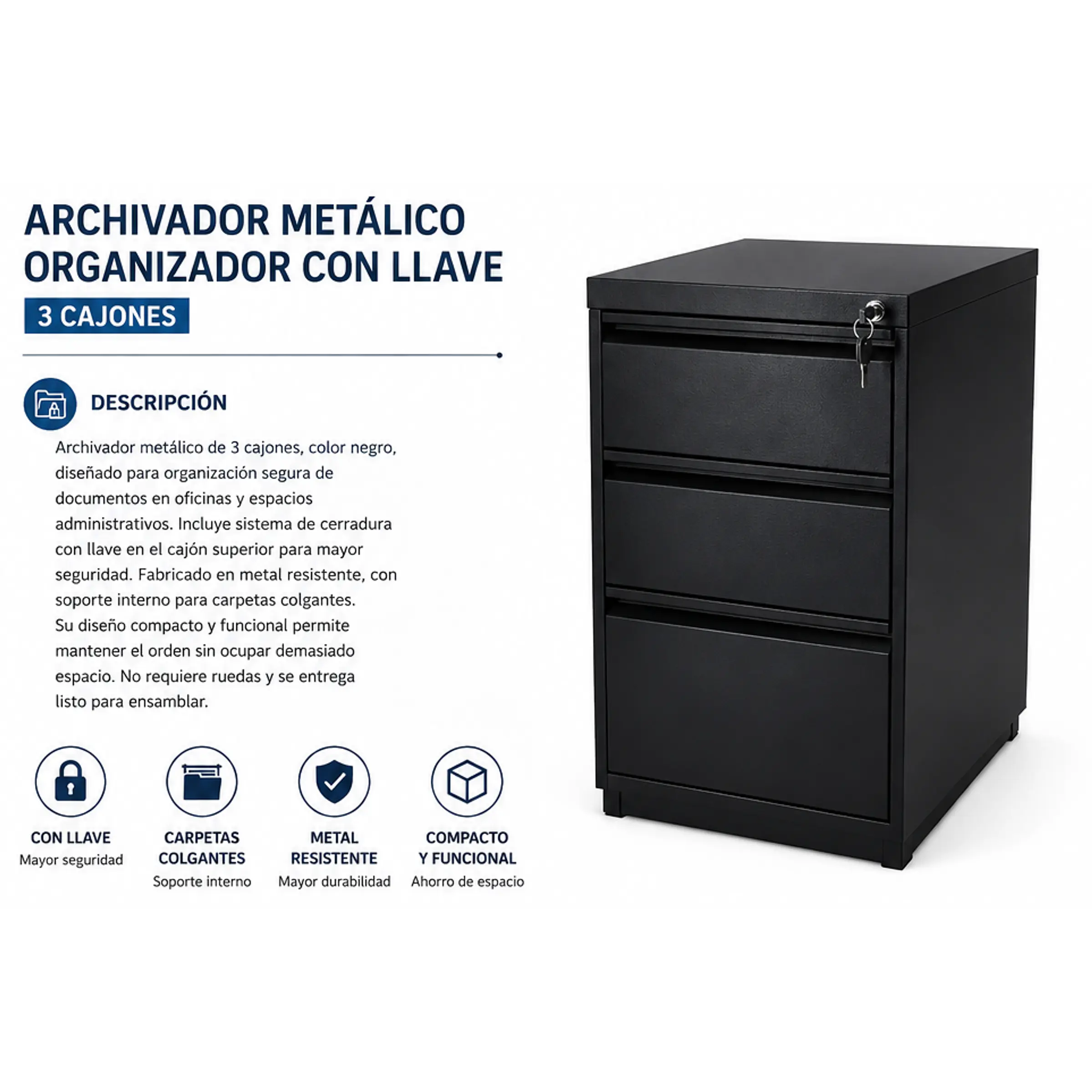 Archivador metálico organizador con llave – 3 cajones 1