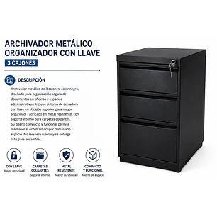 Archivador metálico organizador con llave – 3 cajones