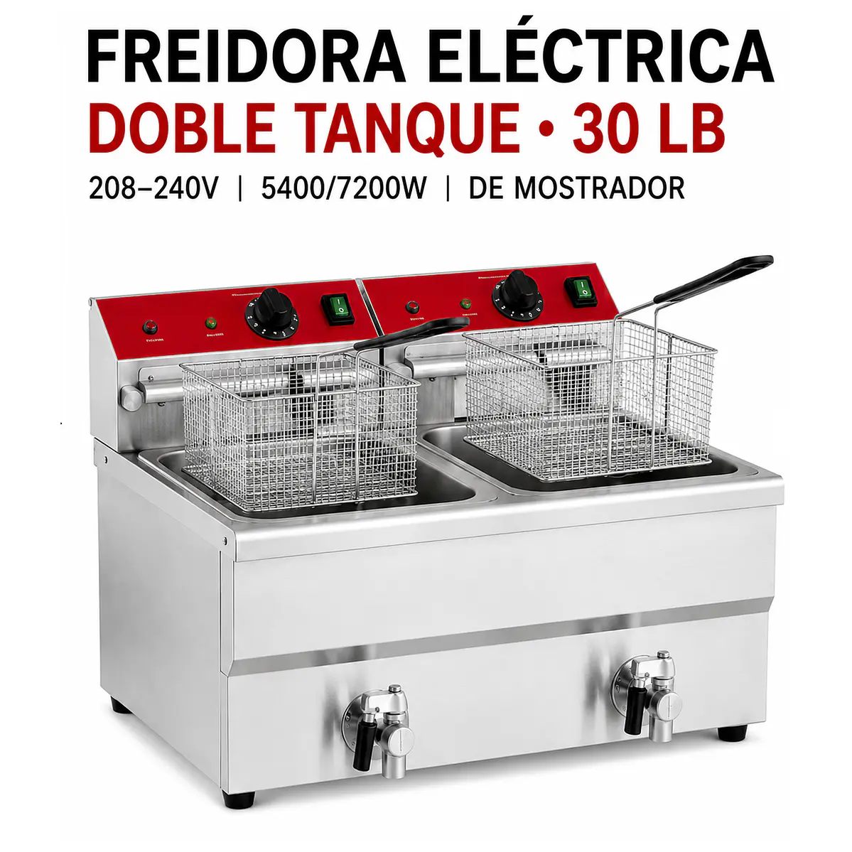 Freidora eléctrica de mostrador con doble tanque – 30 lb (≈13.6 kg) 208–240V, 5400/7200W 1