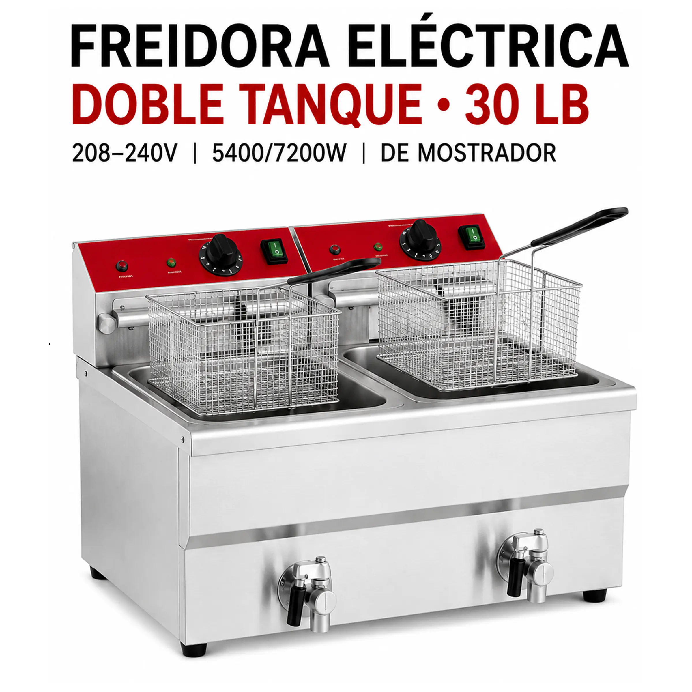 Freidora eléctrica de mostrador con doble tanque – 30 lb (≈13.6 kg) 208–240V, 5400/7200W 1