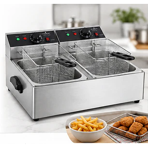 Freidora eléctrica de mostrador con doble tanque, 20 lb (≈10 Litros), 110V, 3,300W: