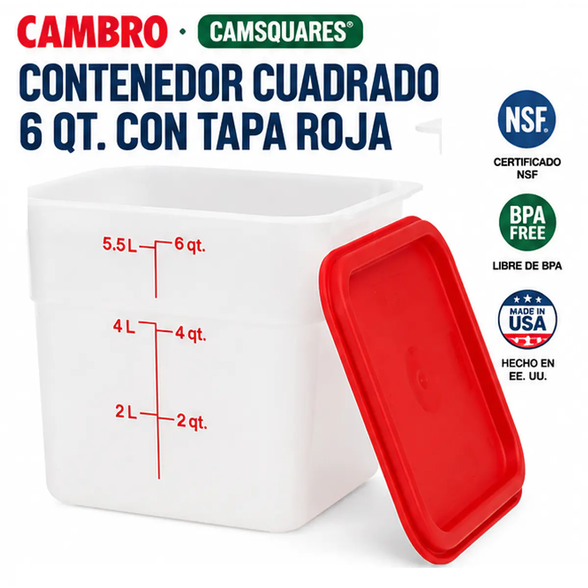 Set 6 Contenedores Cambro de 6 Qt (≈5.7 L) + Tapa 1