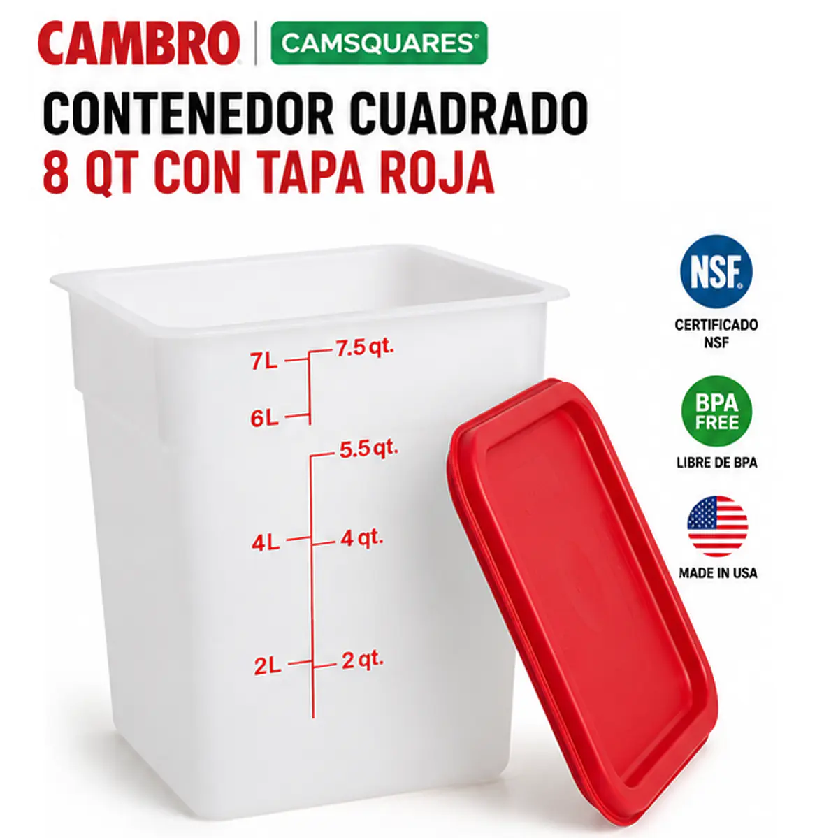 Set 6 Contenedores Cambro de 8 Qt (≈7.6 L) + Tapa 1