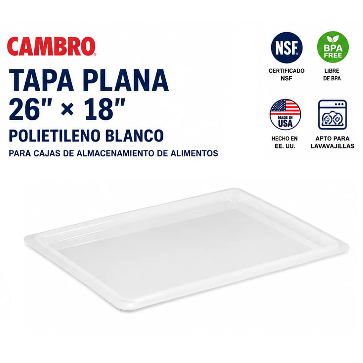 Cambro – Tapa plana de polietileno blanco para caja de almacenamiento de alimentos 26