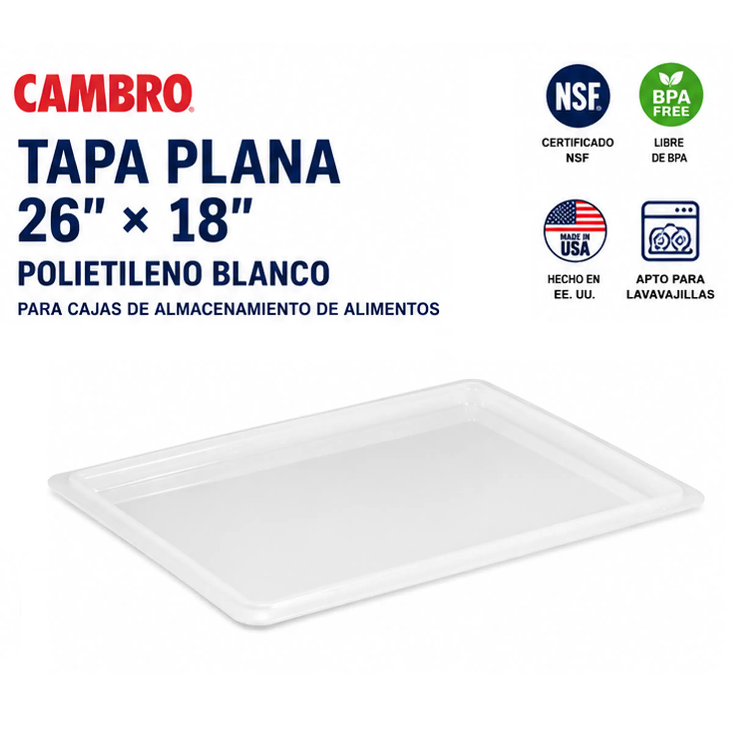 Cambro – Tapa plana de polietileno blanco para caja de almacenamiento de alimentos 26