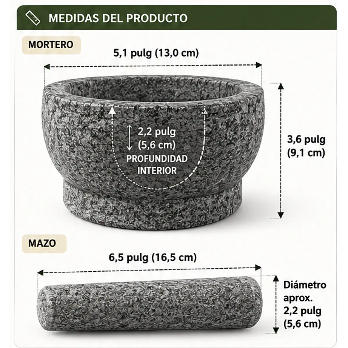 Molcajete Mortero en granito 100% natural con capacidad de 1.5 tazas (≈355 ml). 2