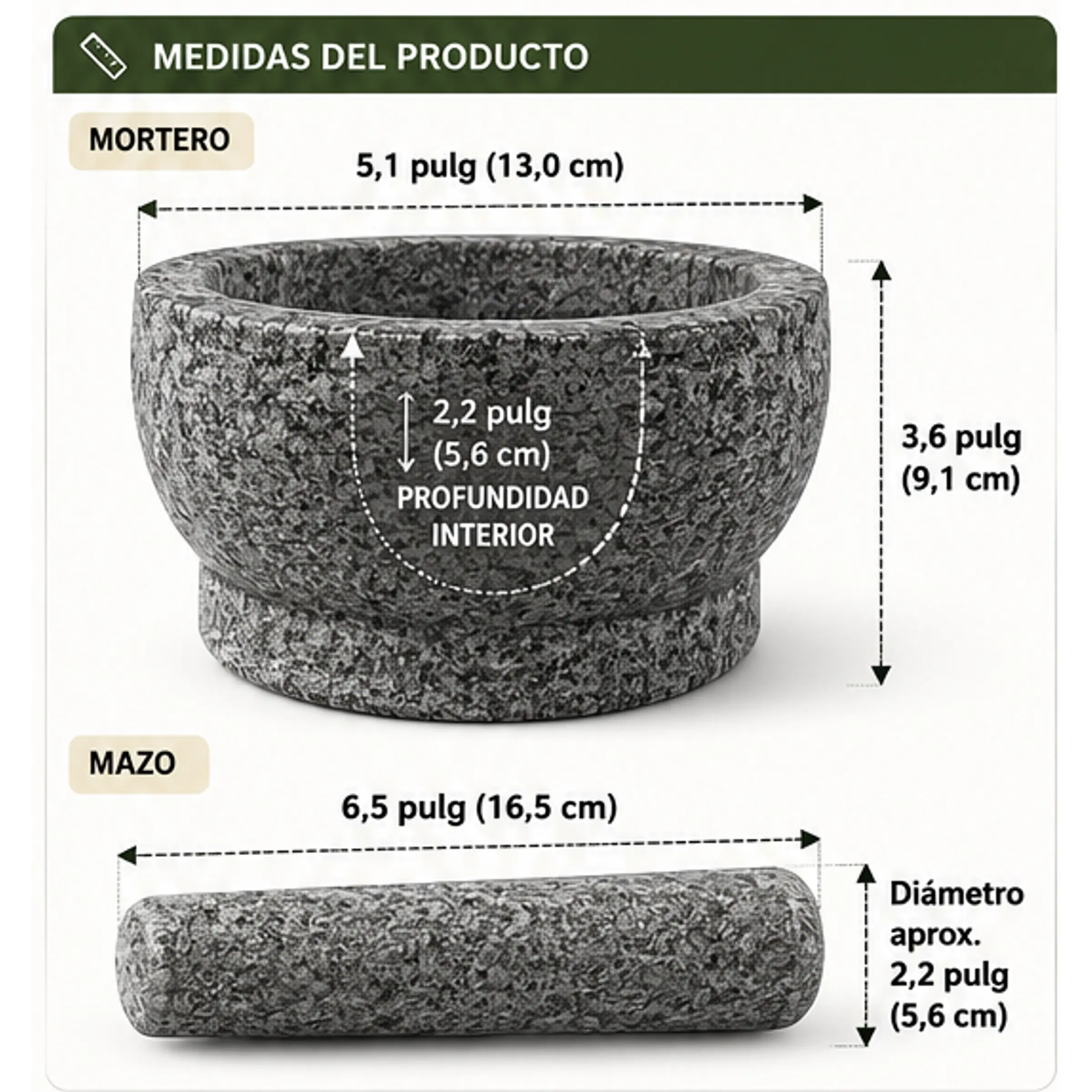 Molcajete Mortero en granito 100% natural con capacidad de 1.5 tazas (≈355 ml). 2