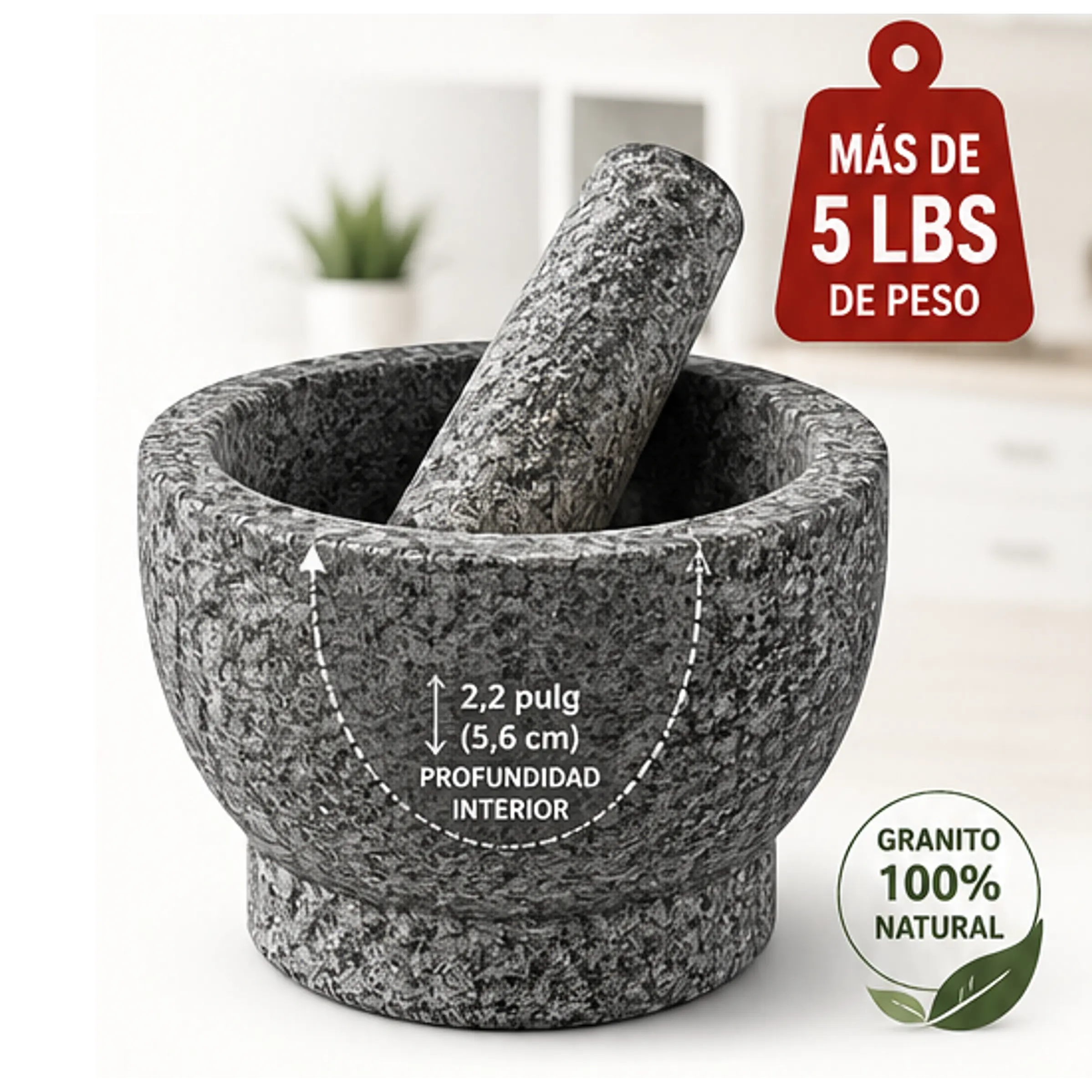 Molcajete Mortero en granito 100% natural con capacidad de 1.5 tazas (≈355 ml). 1