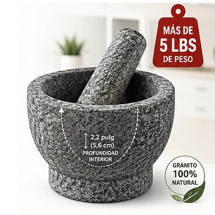 Molcajete Mortero en granito 100% natural con capacidad de 1.5 tazas (≈355 ml).