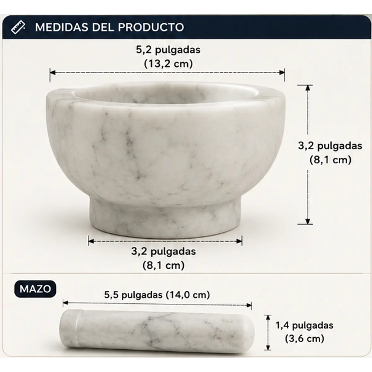 Mortero y mazo en mármol blanco natural – capacidad 1.5 tazas (≈350 ml): 2