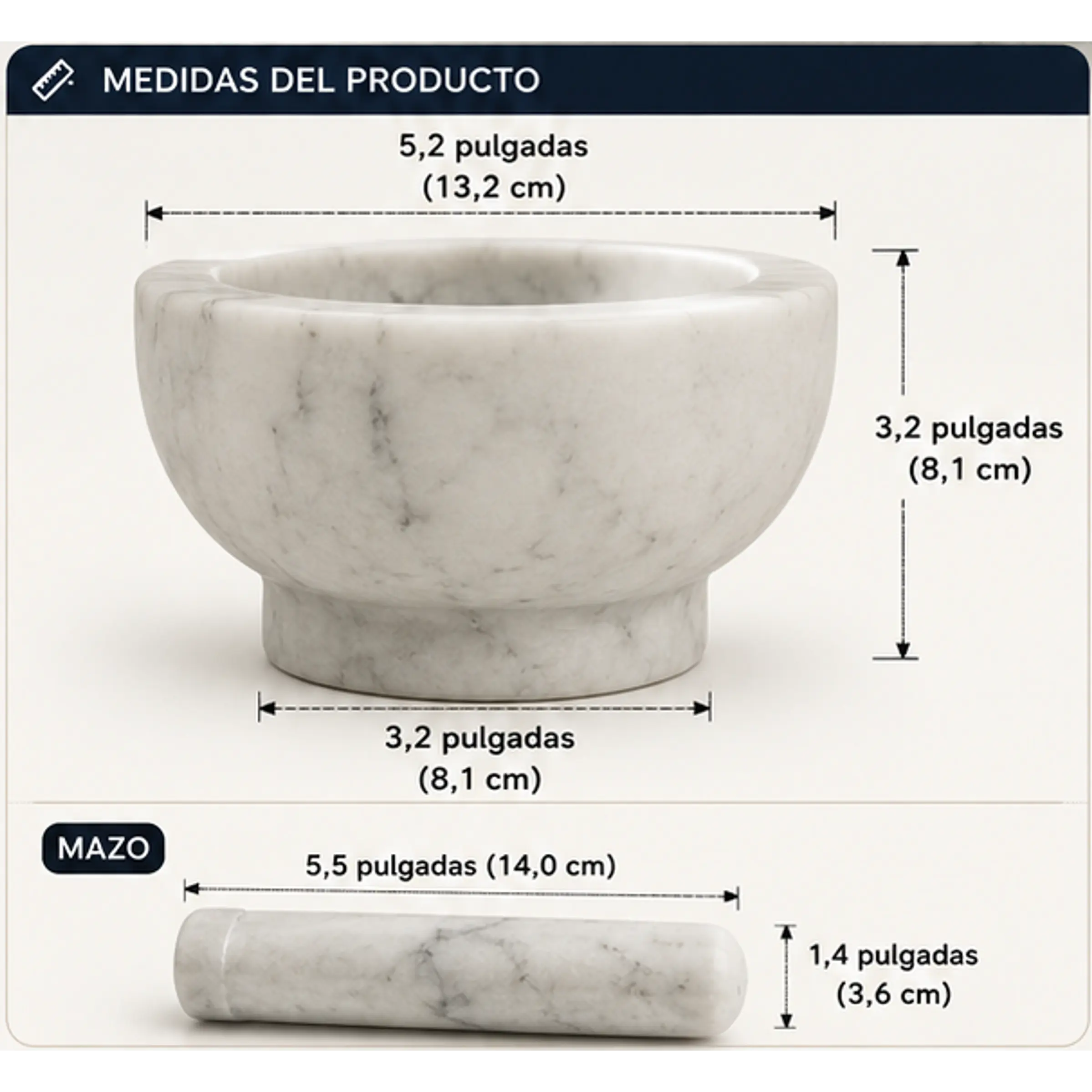 Mortero y mazo en mármol blanco natural – capacidad 1.5 tazas (≈350 ml): 2