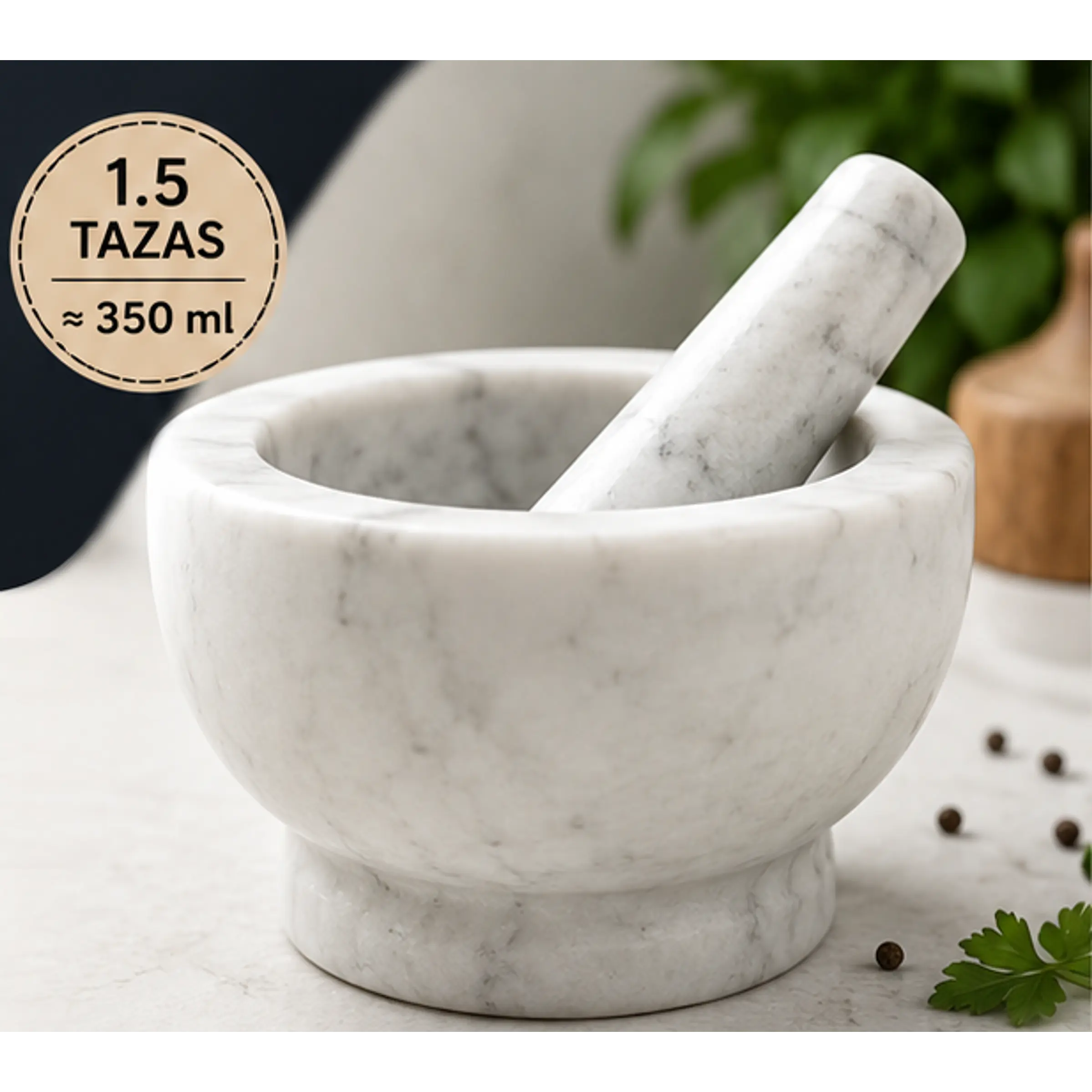 Mortero y mazo en mármol blanco natural – capacidad 1.5 tazas (≈350 ml): 1